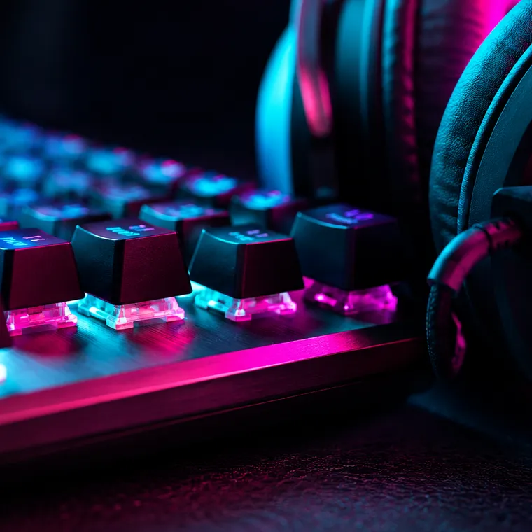 Teclado mecánico y audífonos con luces RGB en una estación de Pixel Perú Club
