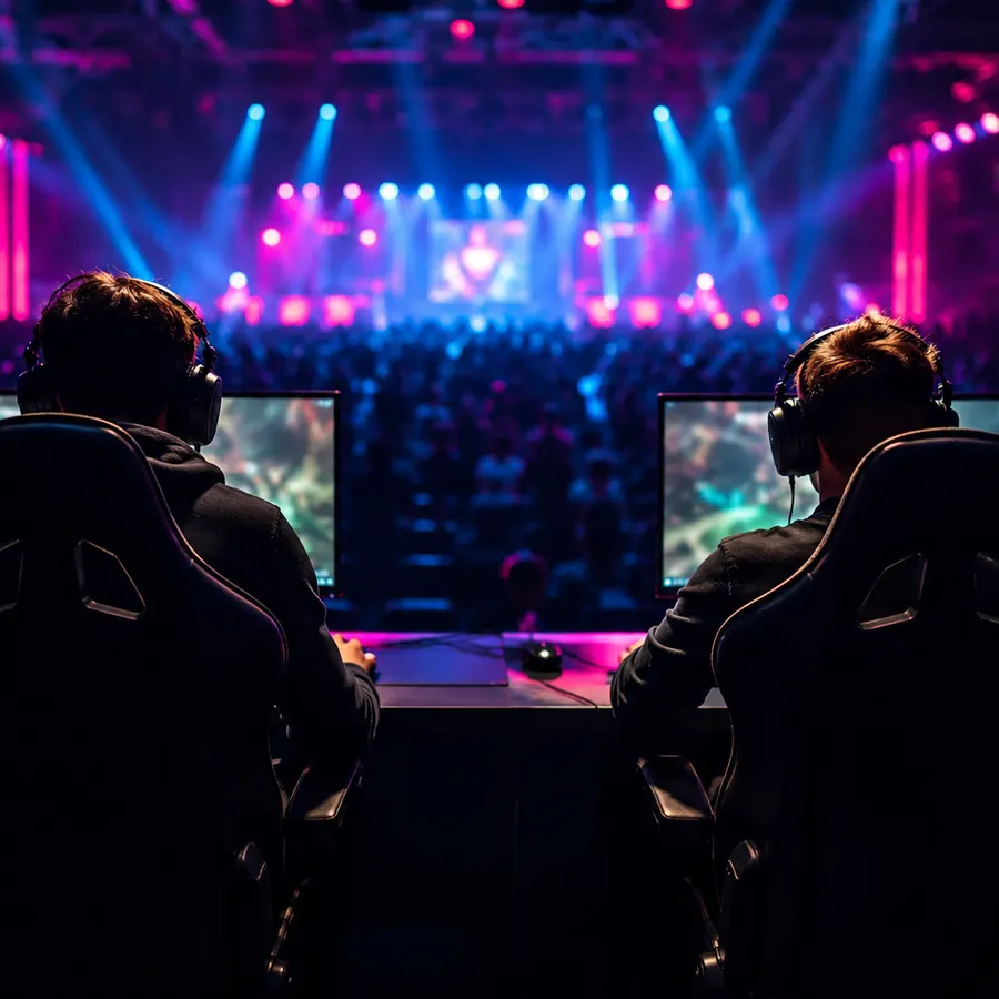 Escenario de torneo con luces azules y magenta y jugadores frente a pantallas