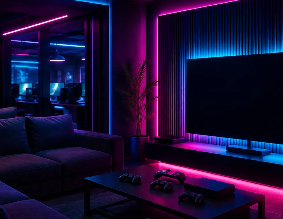 Sala privada con sofá, TV grande y consolas en Pixel Perú Club