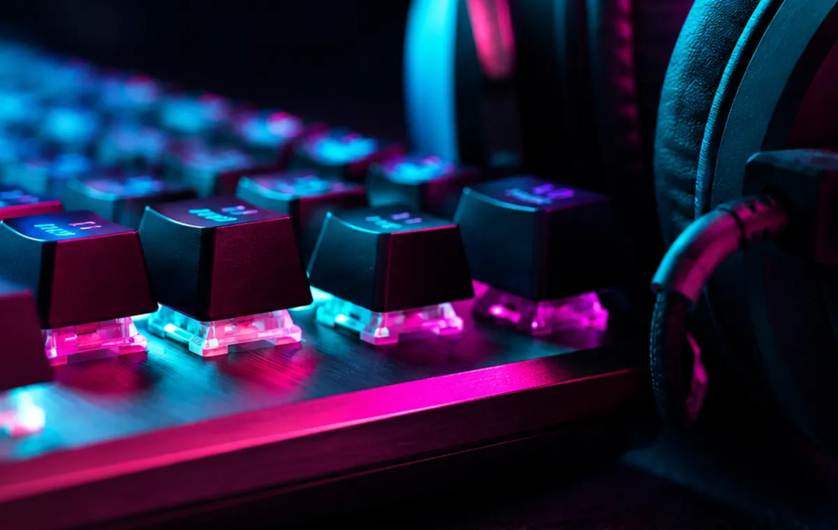 Cabina de streaming con micrófono y audífonos con luces neón